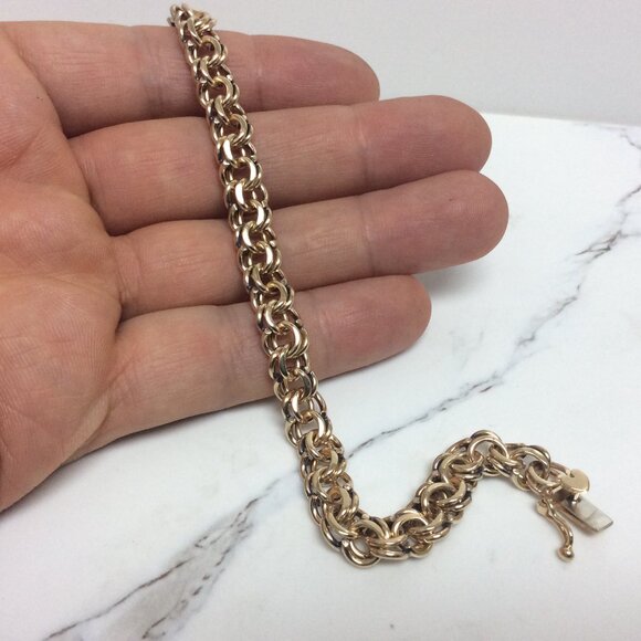 14K Yellow Real Solid Gold 8.00mm double Circle Curb Link Charm Bracelet 7 1/2'' - Picture 6 of 8